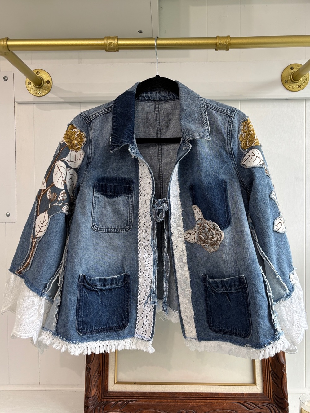 Upcycled Oversized Boho Lace Floral Appliqué Denim Jacket Shabby Chic M L XL - Picture 2 of 12